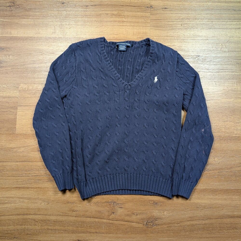 Polo Ralph Lauren Sport Cable Knit V-Neck Sweater Women Size XL Navy Blue Preppy